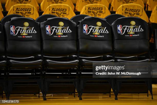 Finals: View of courtside seats with Finals 2022 logo displayed prior to Golden State Warriors vs Boston Celtics at Chase Center. Game Two. San...