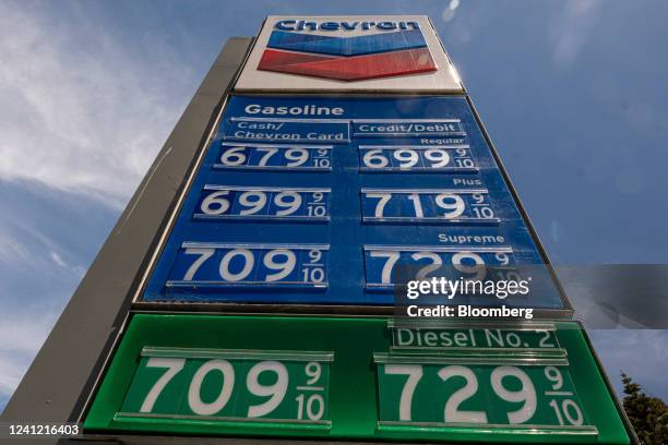 Fuel prices at a Chevron station in San Francisco, California, US, on Thursday, June 9, 2022. Stratospheric Fuel prices have broken records for at...