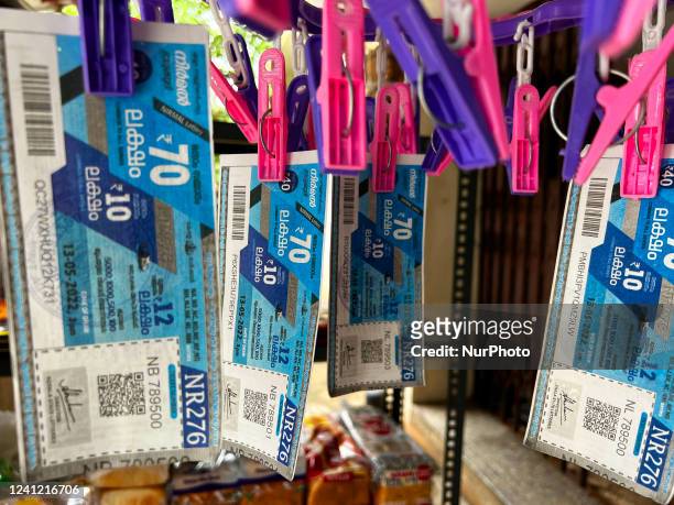 Lottery tickets displayed at a shop in Thiruvananthapuram , Kerala, India, on May 13, 2022.