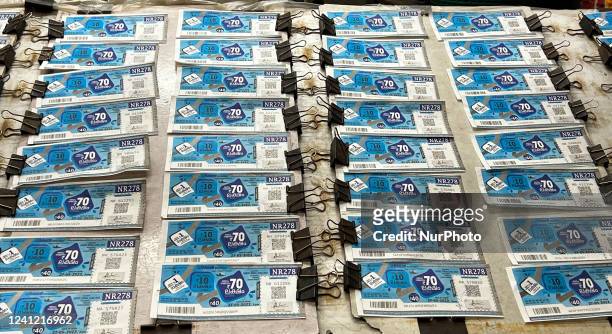 Lottery tickets displayed at a shop along the roadside in Thiruvananthapuram , Kerala, India, on May 26, 2022.
