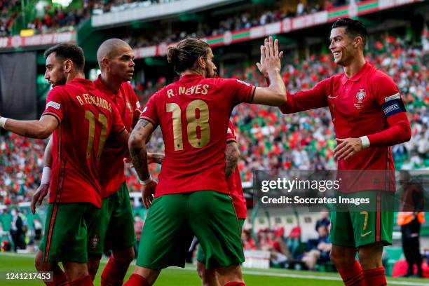 Cristiano Ronaldo of Portugal celebrates goal 2-0 with Bruno Fernandes of Portugal, Pepe of Portugal, Ruben Neves of Portugal during the UEFA Nations...