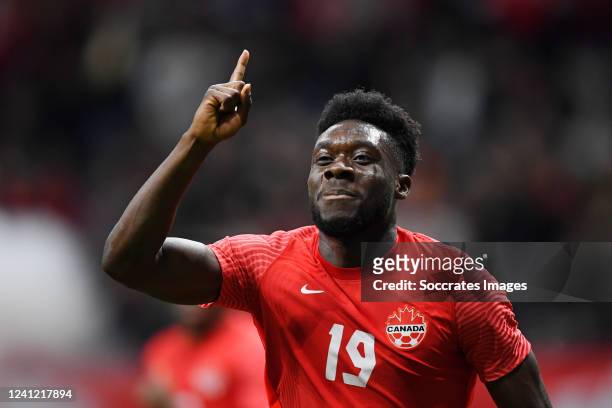 Alphonso Davies of Canada celebrates his goal during the International Friendly match between Canada v Curacao at the BC Place Stadium on June 9,...