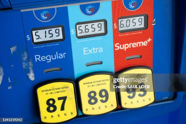 Gas pump displays the price of fuel at a gas station in McLean, Virginia, June 10, 2022. Wall Street stocks fell sharply early on June 10 following...