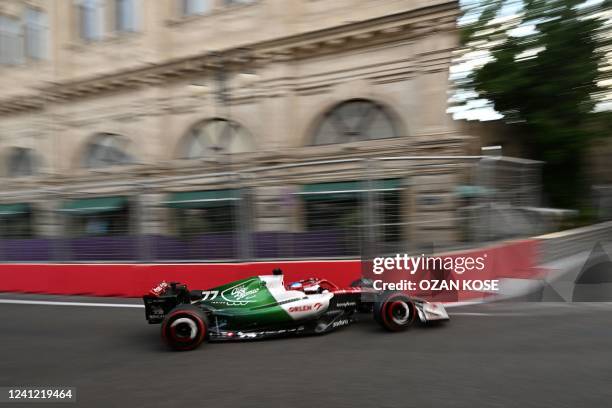 Alfa Romeo's Finnish driver Valtteri Bottas steers his car during the second practice session ahead of the Formula One Azerbaijan Grand Prix at the...