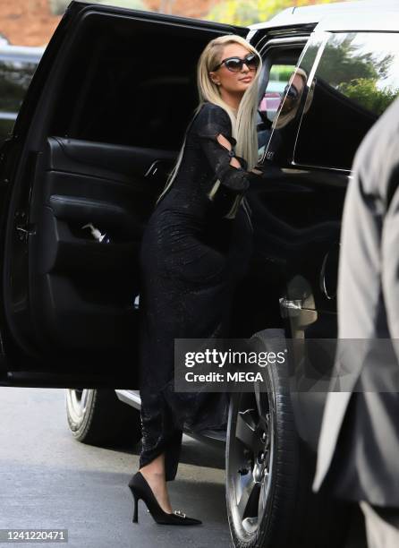 Paris Hilton is seen arriving to the Britney Spears and Sam Asghari Wedding on June 9, 2022 in Los Angeles, California.