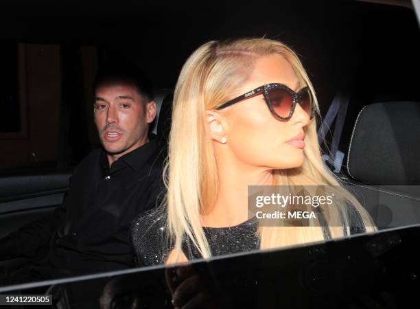 Paris Hilton and Carter Reum are seen arriving to the Britney Spears and Sam Asghari Wedding on June 9, 2022 in Los Angeles, California.