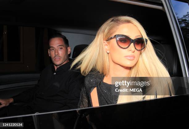 Paris Hilton and Carter Reum are seen arriving to the Britney Spears and Sam Asghari Wedding on June 9, 2022 in Los Angeles, California.