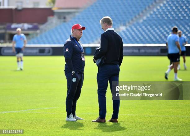 Dublin , Ireland - 10 June 2022; Vodacom Bulls head coach Jake White, left, and Leinster head coach Leo Cullen before the United Rugby Championship...