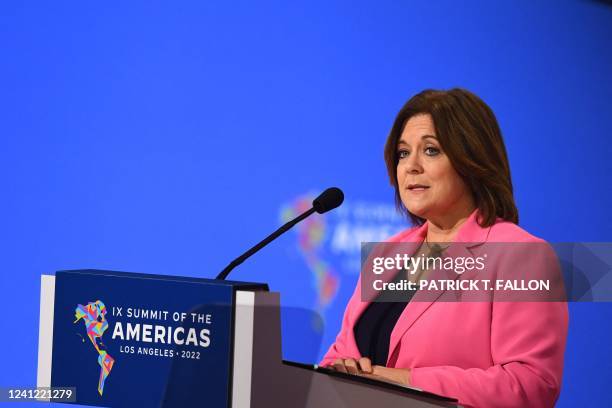 Of the US Chamber of Commerce, Suzanne Clark, speaks during plenary session of the 9th Summit of the Americas in Los Angeles, California, June 10,...