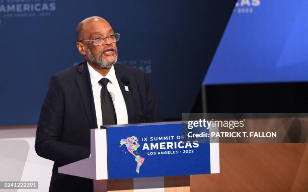 Prime Minister of Haiti Ariel Henry speaks during a plenary session of the 9th Summit of the Americas in Los Angeles, California, June 10, 2022.