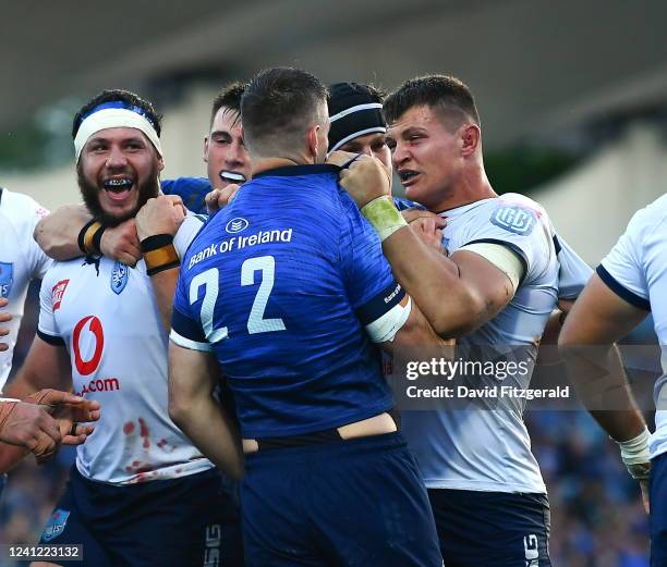 Dublin , Ireland - 10 June 2022; Jonathan Sexton of Leinster and Elrigh Louw of Vodacom Bulls tussle during the United Rugby Championship Semi-Final...