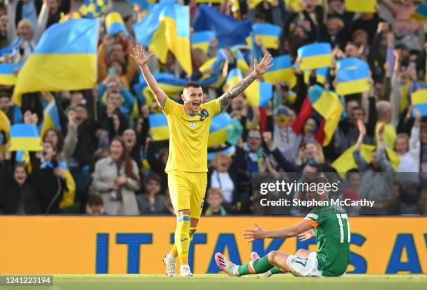 Dublin , Ireland - 8 June 2022; Oleksandr Zubkov of Ukraine celebrates a first-half goal which was subsequently ruled out by VAR during the UEFA...