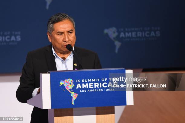 Rogelio Mayta, Foreign Minister of Bolivia, speaks during a plenary session of the 9th Summit of the Americas in Los Angeles, California, June 10,...