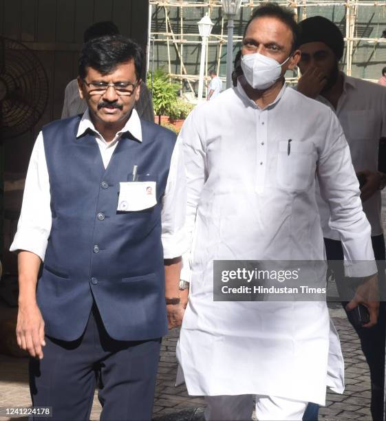 Shiv Sena's Sanjay Raut and Ashok Arjunrao Jagtap of Congress reach Vidhan Bhavan for Rajya Sabha elections on June 10, 2022 in Mumbai, India. Voting...