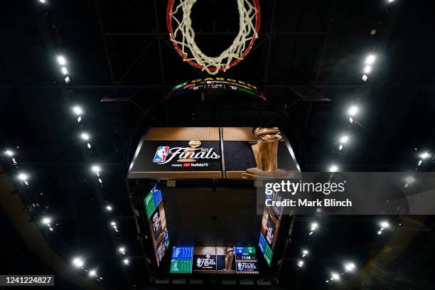 Detailed photo of finals signage at TD Garden before Game Four of the 2022 NBA Finals between the Golden State Warriors and the Boston Celtics on...