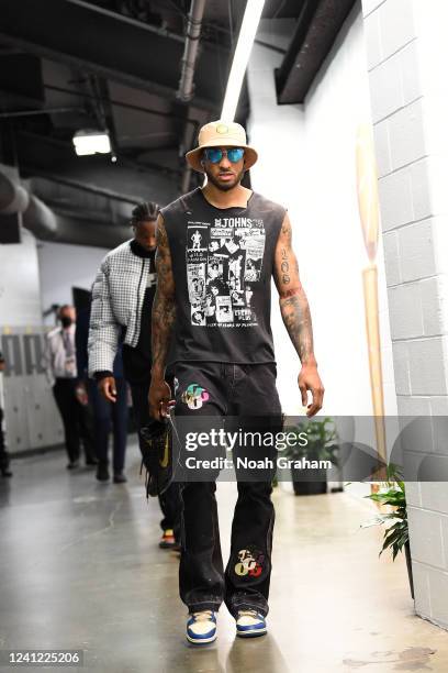 Gary Payton II of the Golden State Warriors arrives to the arena prior to the game against the Boston Celtics during Game Four of the 2022 NBA Finals...