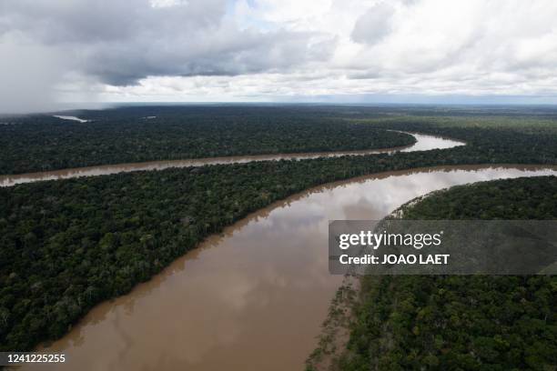 Aerial view taken from a Brazilian helicopter patroling an area of the municipality of Atalaia do Norte, state of Amazonas, Brazil, in the direction...