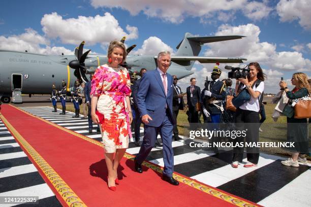 Queen Mathilde of Belgium and King Philippe - Filip of Belgium pictured during a welcoming ceremony after the arrival at Lubumbashi airport, during...