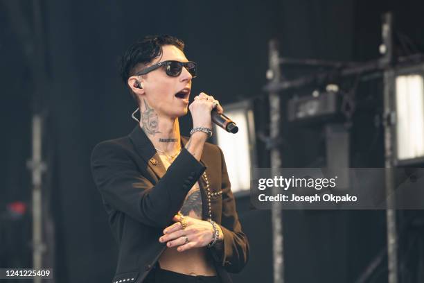 Andy Biersack of Black Veil Brides performs on Day 1 of Download festival at Donnington Park on June 10, 2022 in Donnington, England.