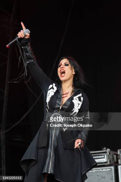 Cristina Scabbia of Lacuna Coil performs on Day 1 of Download festival at Donnington Park on June 10, 2022 in Donnington, England.