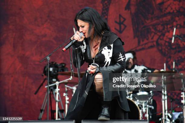 Cristina Scabbia of Lacuna Coil performs on Day 1 of Download festival at Donnington Park on June 10, 2022 in Donnington, England.