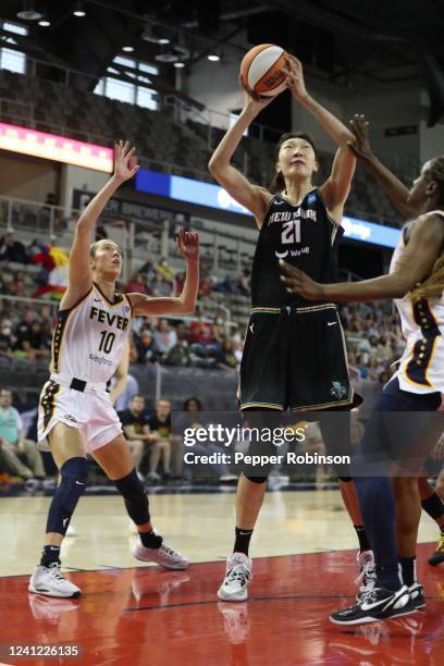 Han Xu of the New York Liberty shoots the ball during the game against the Indiana Fever on June 10, 2022 at Gainbridge Fieldhouse in Indianapolis,...