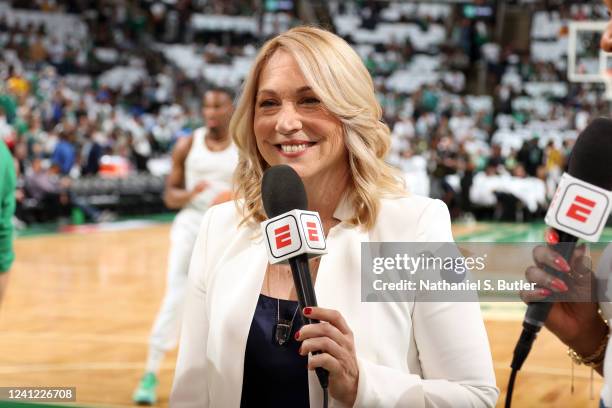 Analyst, Doris Burke looks on and smiles during Game Four of the 2022 NBA Finals on June 10, 2022 at TD Garden in Boston, Massachusetts. NOTE TO...