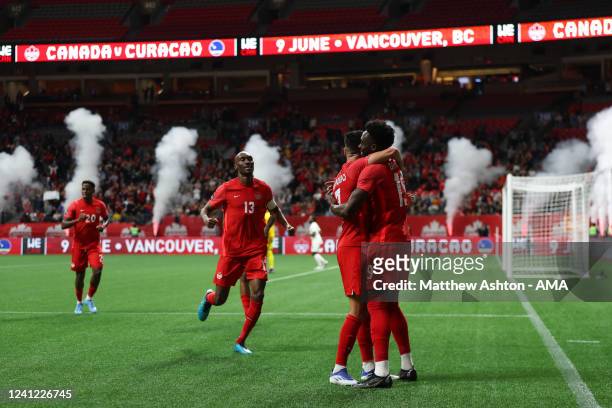 Alphonso Davies of Canada celebrates after scoring a goal to make it 1-0 during the Canada v Curacao CONCACAF Nations League Group C match at BC...