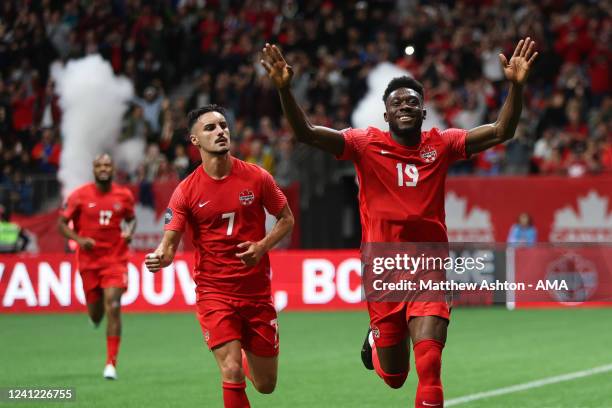 Alphonso Davies of Canada celebrates after scoring a goal to make it 1-0 during the Canada v Curacao CONCACAF Nations League Group C match at BC...