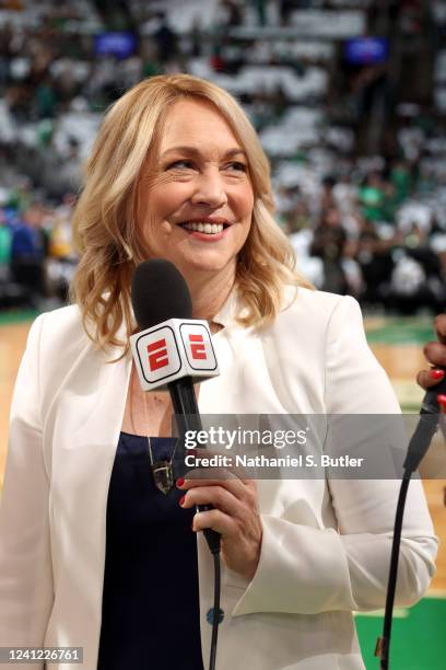 Analyst, Doris Burke look on and smiles during Game Four of the 2022 NBA Finals on June 10, 2022 at TD Garden in Boston, Massachusetts. NOTE TO USER:...