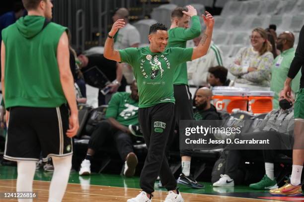 Assistant Coach Damon Stoudamire of the Boston Celtics smiles before Game Four of the 2022 NBA Finals on June 10, 2022 at TD Garden in Boston,...