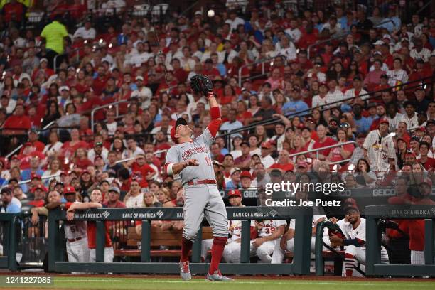 Joey Votto of the Cincinnati Reds catches a pop up by the St. Louis Cardinals during the third inning at Busch Stadium on June 10, 2022 in St Louis,...