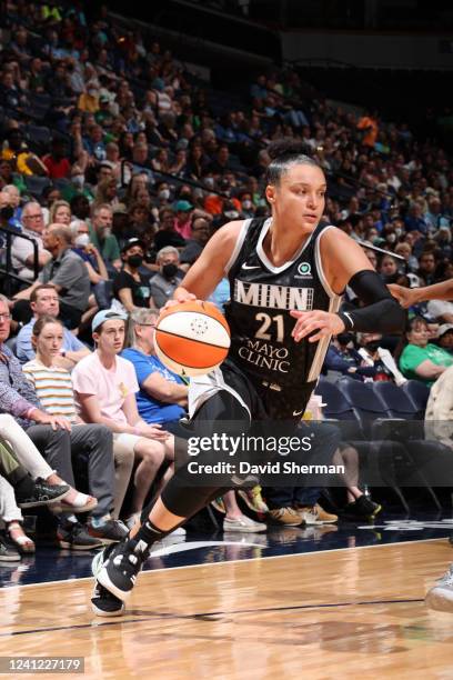 Kayla McBride of the Minnesota Lynx handles the ball during the game against the Washington Mystics on June 10, 2022 at Entertainment & Sports Arena...