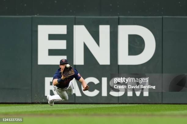 Max Kepler of the Minnesota Twins catches a fly ball hit by Randy Arozarena of the Tampa Bay Rays for an out in the second inning of the game at...