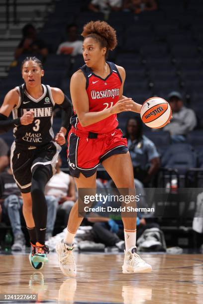 Tianna Hawkins of the Washington Mystics handles the ball during the game against the Minnesota Lynx on June 10, 2022 at Entertainment & Sports Arena...