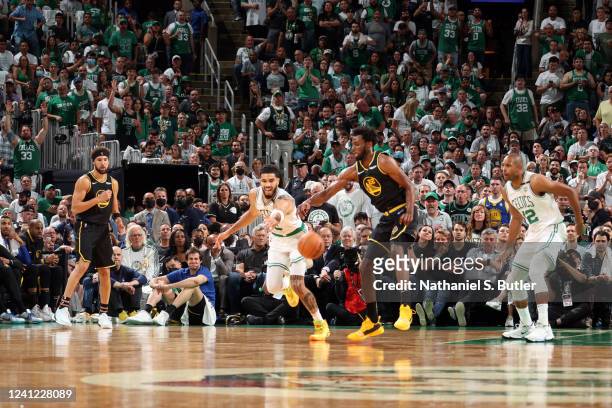 Jayson Tatum of the Boston Celtics steals the ball against the Golden State Warriors during Game Four of the 2022 NBA Finals on June 10, 2022 at TD...