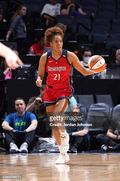 Tianna Hawkins of the Washington Mystics handles the ball during the game against the Minnesota Lynx on June 10, 2022 at Target Center in...