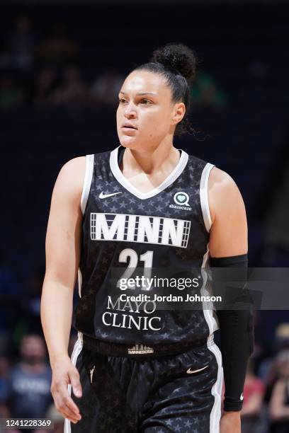 Kayla McBride of the Minnesota Lynx looks on during the game against the Washington Mystics on June 10, 2022 at Target Center in Minneapolis,...