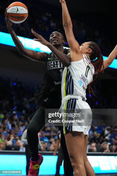 Ezi Magbegor of the Seattle Storm shoots the ball during the game against the Dallas Wings on June 10, 2022 at College Park Center in Arlington, TX....
