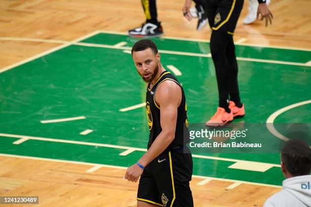 Stephen Curry of the Golden State Warriors looks on during Game Four of the 2022 NBA Finals against the Boston Celtics on June 10, 2022 at TD Garden...