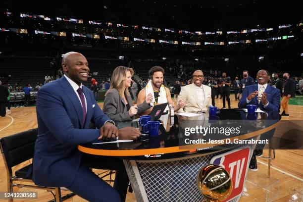 Analysts, Brendan Haywood, Kristen Ledlow, Kenny Smith, and Isiah Thomas interview Klay Thompson of the Golden State Warriors after Game Four of the...