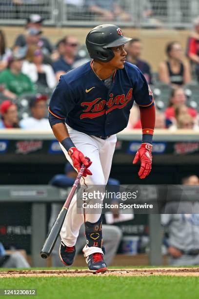 Minnesota Twins second base Jorge Polanco hits a single during the first inning of a game between the Minnesota Twins and Tampa Bay Rays on June 10,...