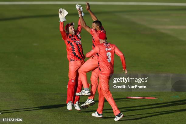 Liam Hurt of Lancashire Lightning celebrates the wicket of Graham Clark of Durham during the Vitality Blast T20 match between Durham County Cricket...