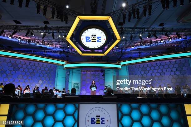 Charlotte H. Walsh of Merrifield, VA prepares to spell the word, palapala correctly in the quarterfinals during the Scripps National Spelling Bee at...