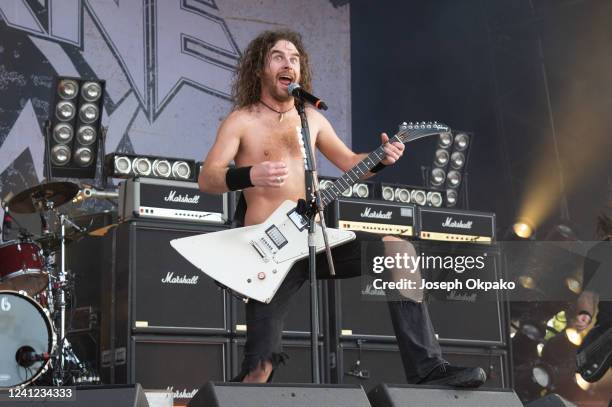 Joel O'Keeffe of the Australian band Airbourne performs on Day 1 of Download festival at Donnington Park on June 10, 2022 in Donnington, England.