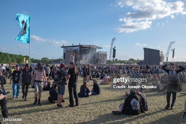 General view of festival goers on Day 1 of Download festival at Donnington Park on June 10, 2022 in Donnington, England.