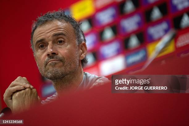 Spain's coach Luis Enrique holds a press conference at La Rosaleda stadium in Malaga, on June 11 on the eve of the UEFA Nations League match Spain v...