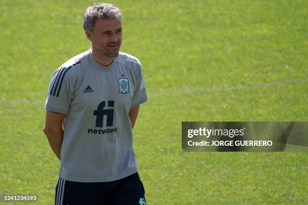 Spain's coach Luis Enrique heads a training session at La Rosaleda stadium in Malaga, on June 11 on the eve of the UEFA Nations League match Spain v...