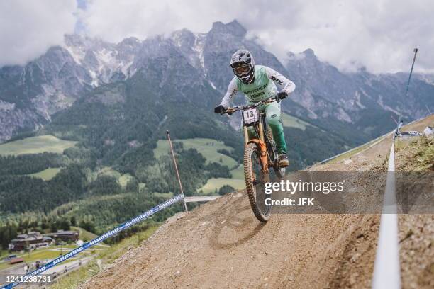 Third placed Angel Suarez Alonso of Spain competes in the men's Downhill Competition of the UCI Mountain Bike World Cup in Leogang, Austria, on June...