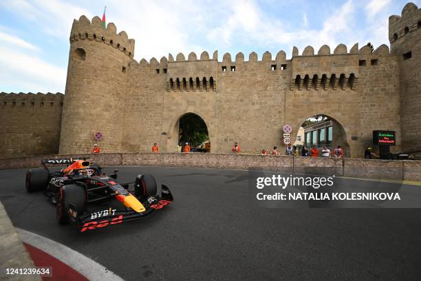 Red Bull's Dutch driver Max Verstappen steers his car during the qualifying session for the Formula One Azerbaijan Grand Prix at the Baku City...